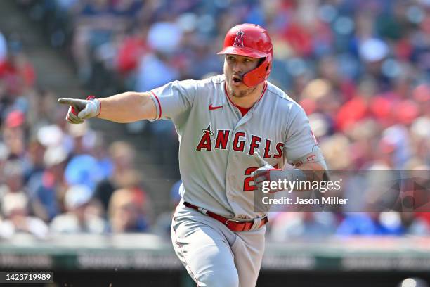 Mike Trout of the Los Angeles Angels reacts after hitting a single during the fifth inning against the Cleveland Guardians at Progressive Field on...