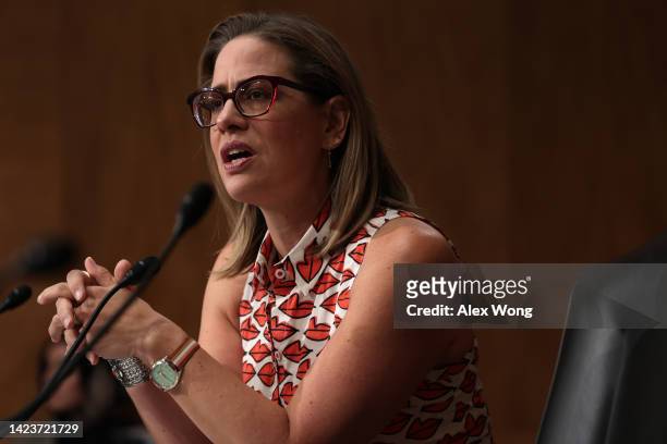 Sen. Kyrsten Sinema speaks during a hearing before Senate Homeland Security and Governmental Affairs Committee September 14, 2022 in Washington, DC....