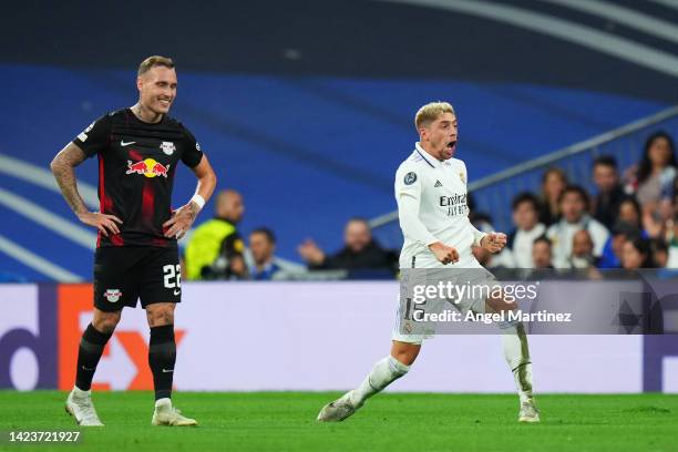 Federico Valverde of Real Madrid celebrates after scoring their side's first goal during the UEFA Champions League group F match between Real Madrid...