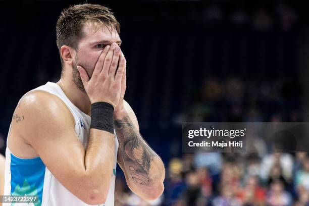 Luka Doncic of Slovenia reacts during the FIBA EuroBasket 2022 quarterfinal match between Slovenia v Poland at EuroBasket Arena Berlin on September...