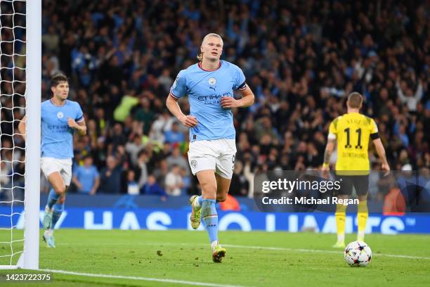 Erling Haaland of Manchester City celebrates after scoring their sides second goal during the UEFA Champions League group G match between Manchester...