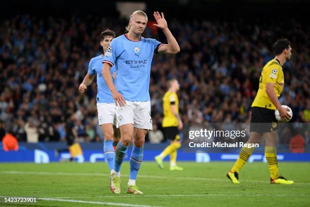 Erling Haaland of Manchester City celebrates after scoring their sides second goal during the UEFA Champions League group G match between Manchester...