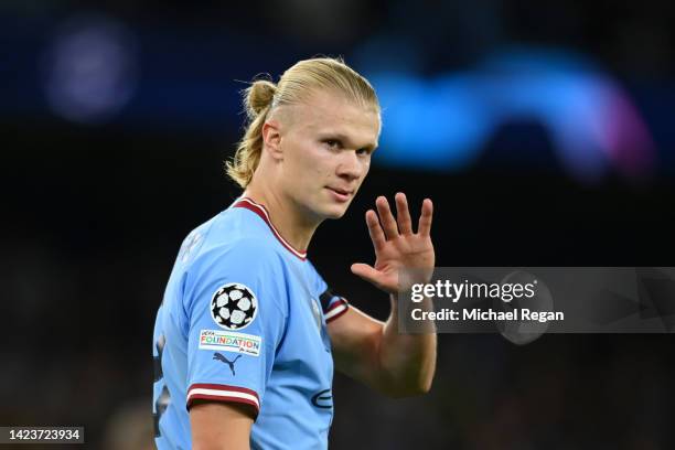 Erling Haaland of Manchester City celebrates after scoring their sides second goal during the UEFA Champions League group G match between Manchester...