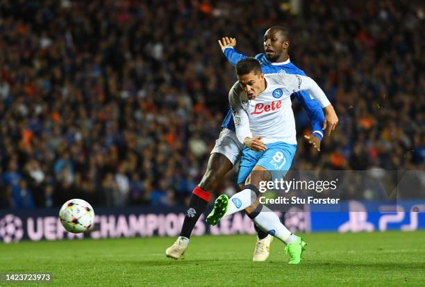 Giacomo Raspadori of SSC Napoli scores their side's second goal whilst under pressure from Glen Kamara of Rangers during the UEFA Champions League...