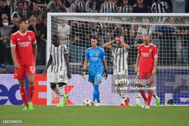 Moise Kean of Juventus FC and Mattia De Sciglio of Juventus FC reacts after goal canceled by the referee Felix Zwayer for offside during the UEFA...