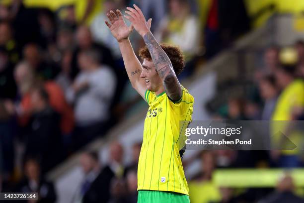 Josh Sargent of Norwich City celebrates on the final whistle following the Sky Bet Championship match between Norwich City and Bristol City at Carrow...