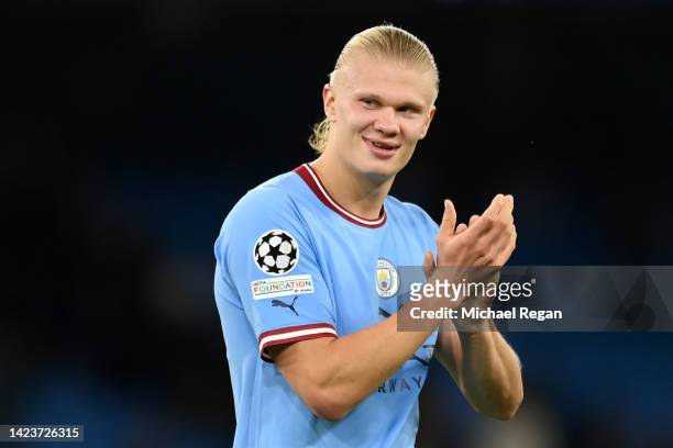 Erling Haaland of Manchester City applauds fans following their victory in the UEFA Champions League group G match between Manchester City and...