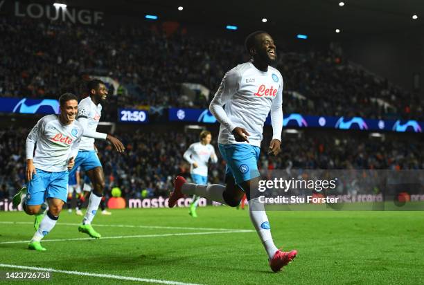 Tanguy NDombele of SSC Napoli celebrates after scoring their side's third goal during the UEFA Champions League group A match between Rangers FC and...