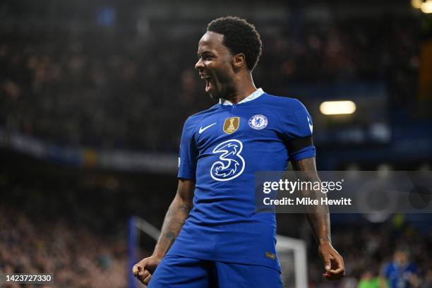 Raheem Sterling of Chelsea celebrates after scoring their side's first goal during the UEFA Champions League group E match between Chelsea FC and FC...