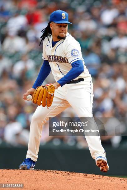 Luis Castillo of the Seattle Mariners pitches against the San Diego Padres during the second inning at T-Mobile Park on September 14, 2022 in...