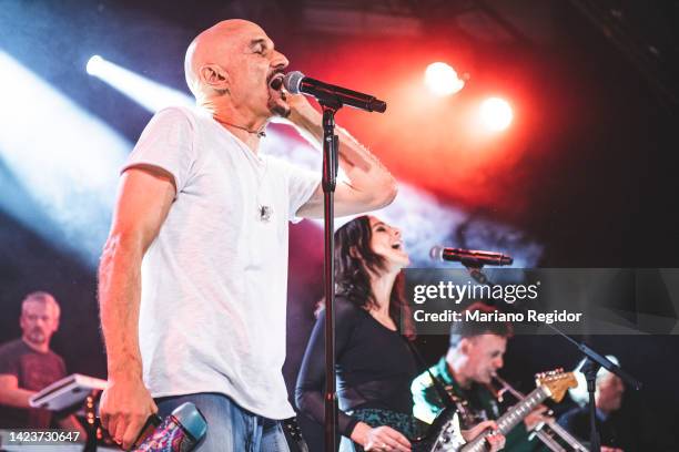 Tim Booth, Chloe Alper and Andy Diagram of the English rock band James perform on stage at La Riviera on September 14, 2022 in Madrid, Spain.