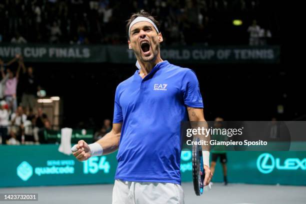 Fabio Fognini of Italy celebrates after winning a double match during the Davis Cup Group Stage 2022 Bologna match between Croatia and Italy at...