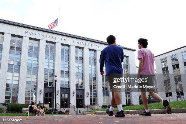 Students walk Northeastern University campus on September 14, 2022 in Boston, Massachusetts. On Tuesday evening, a university employee was injured...