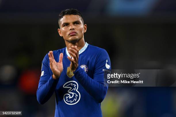 Thiago Silva of Chelsea applauds the fans following the UEFA Champions League group E match between Chelsea FC and FC Salzburg at Stamford Bridge on...