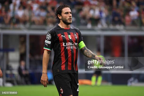 Davide Calabria of AC Milan looks on during the UEFA Champions League group E match between AC Milan and Dinamo Zagreb at Giuseppe Meazza Stadium on...