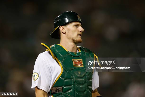 Catcher Sean Murphy of the Oakland Athletics looks on during the game against the Atlanta Braves at RingCentral Coliseum on September 06, 2022 in...