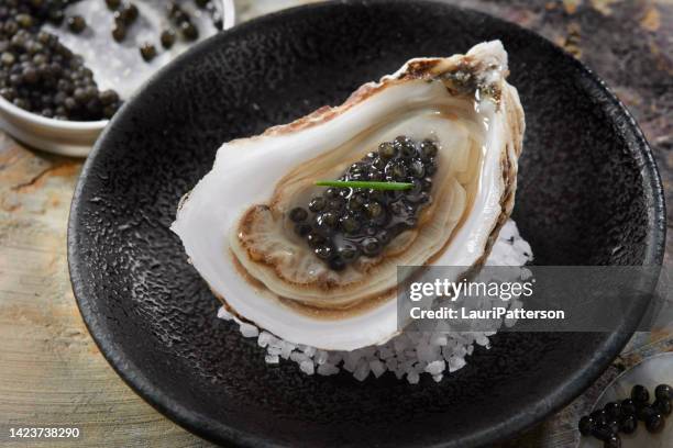 raw oysters with caviar - fish roe stock pictures, royalty-free photos & images