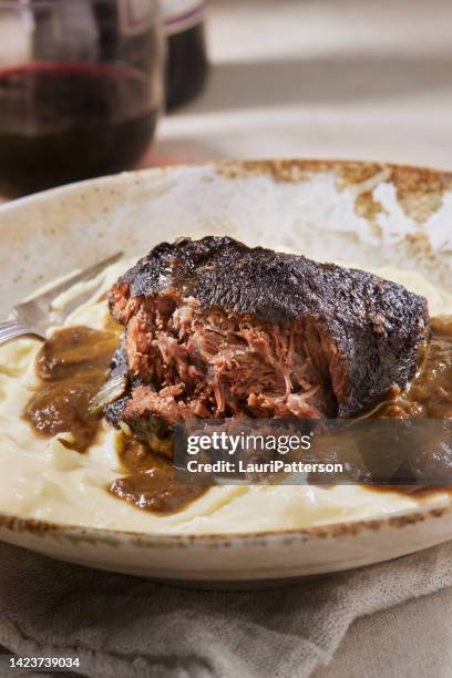 red wine braised beef cheek with creamy mashed potatoes - cheek stock pictures, royalty-free photos & images