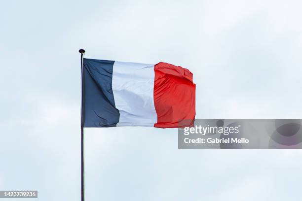 french flag flying against cloudy sky - politics and government stock pictures, royalty-free photos & images