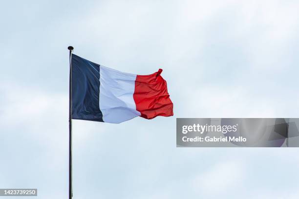 french flag flying against cloudy sky - tricolors stock pictures, royalty-free photos & images