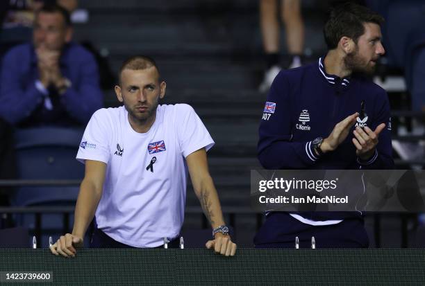 Dan Evans of Great Britain , looks on during the Davis Cup Group D doubles match between United States and Great Britain at Emirates Arena on...