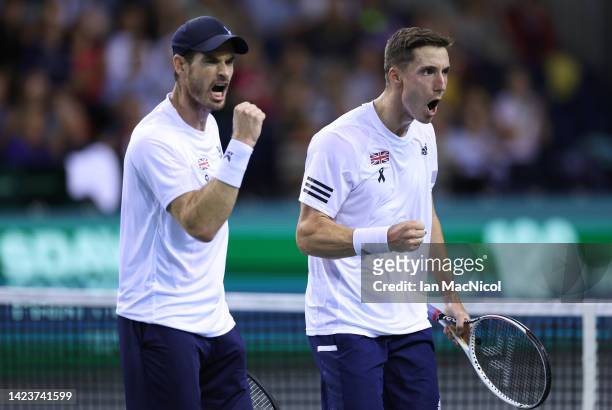 Andy Murray , and Joe Salisbury of Great Britain reacts as the win the first set during the Davis Cup Group D match between United States and Great...