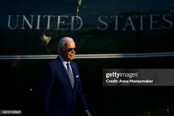 President Joe Biden walks to the Oval Office after returning to the White House on Marine One on September 14, 2022 in Washington, DC. Biden spent...