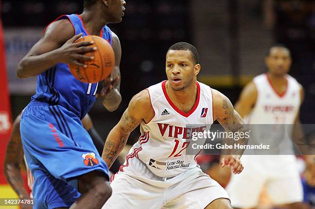 Will Conroy of the Rio Grande Valley Vipers guards Robert Vaden of the Tulsa 66ers on March 31, 2012 at State Farm Arena in Hidalgo, Texas. NOTE TO...