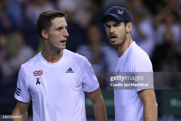 Andy Murray and Joe Salisbury of Great Britain react in second set during the Davis Cup Group D match between United States and Great Britain at...