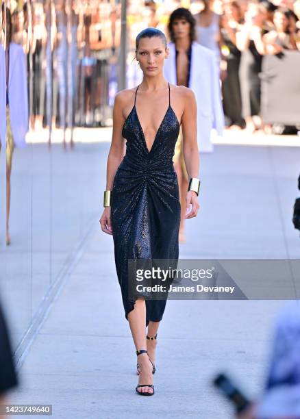 Bella Hadid arrives at the Michael Kors fashion show at Highline Stages on September 14, 2022 in New York City.
