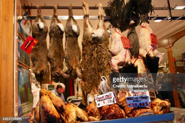 game food store window display - rabbit game meat stock pictures, royalty-free photos & images