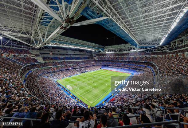 General view inside the Santiago Bernabeu stadium during the UEFA Champions League group F match between Real Madrid and RB Leipzig at Estadio...