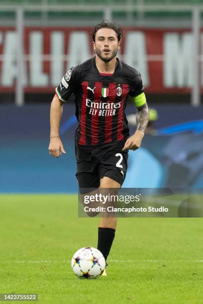 Davide Calabria of AC Milan in action during the UEFA Champions League group E match between AC Milan and Dinamo Zagreb at Giuseppe Meazza Stadium on...