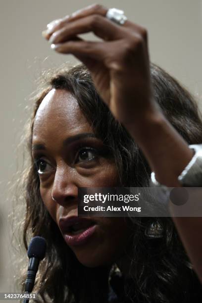 Maya Rockeymoore Cummings, wife of the late Rep. Elijah Cummings , speaks during his portrait unveiling at Cannon House Office Building on Capitol...