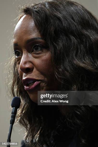 Maya Rockeymoore Cummings, wife of the late Rep. Elijah Cummings , speaks during his portrait unveiling at Cannon House Office Building on Capitol...