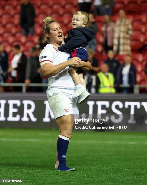 Marlie Packer of England with son Oliver following the Women's International rugby match between England Red Roses and Wales at Ashton Gate on...