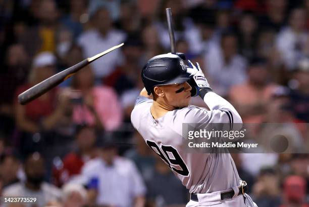 Aaron Judge of the New York Yankees breaks his bat hitting a single against the Boston Red Sox during the fifth inning at Fenway Park on September...