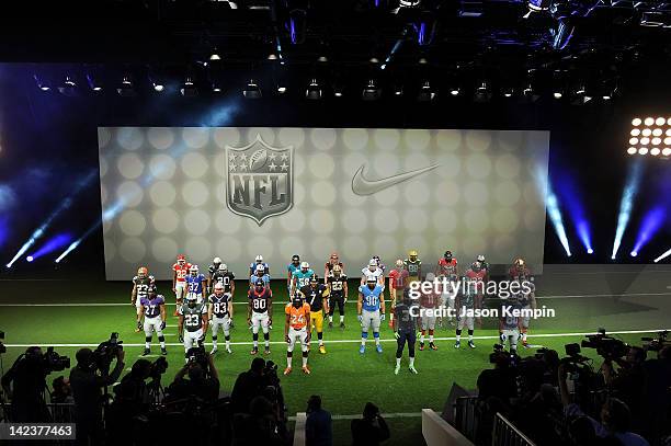 Nike debuts new NFL uniforms on April 3, 2012 in New York City. NFL players; AFC: Baltimore Ravens, Ray Rice / Cincinnati Bengals, Andy Dalton /...