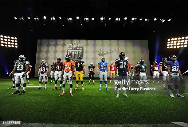 Nike debuts new NFL uniforms on April 3, 2012 in New York City. NFL players; AFC: Baltimore Ravens, Ray Rice / Cincinnati Bengals, Andy Dalton /...