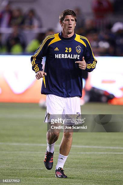 Andrew Boyens of the Los Angeles Galaxy warms up prior to the match against the New England Revolution during the MLS match at The Home Depot Center...