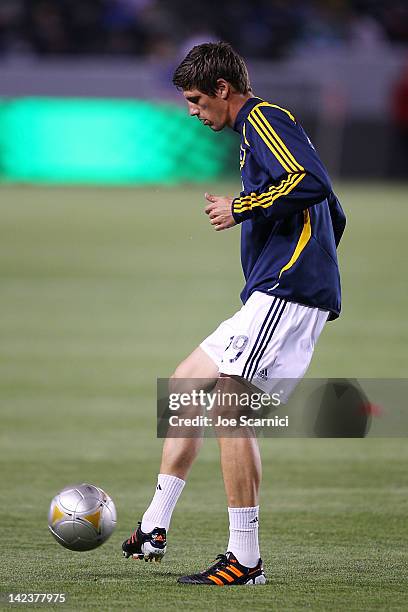 Andrew Boyens of the Los Angeles Galaxy warms up prior to the match against the New England Revolution during the MLS match at The Home Depot Center...