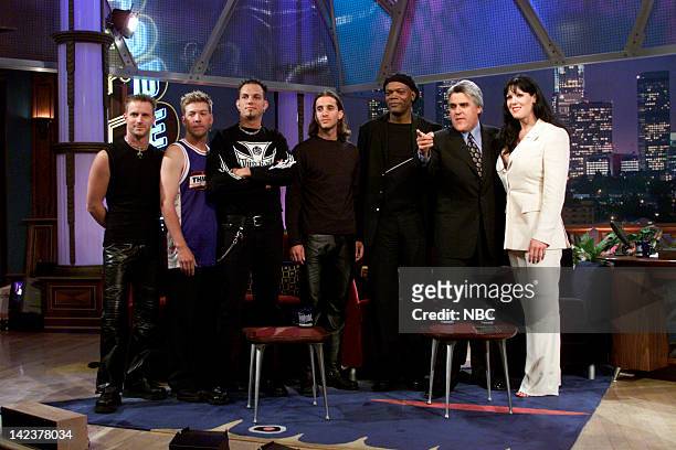Episode 1856 -- Pictured: Musical guest Creed, actor Samuel L. Jackson, host Jay Leno, former professional wrestler Chyna on June 16, 2000 --