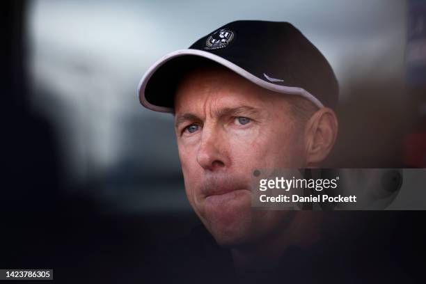 Magpies head coach Craig McRae speaks to the media during a Collingwood Magpies AFL training session at Olympic Park Oval on September 15, 2022 in...
