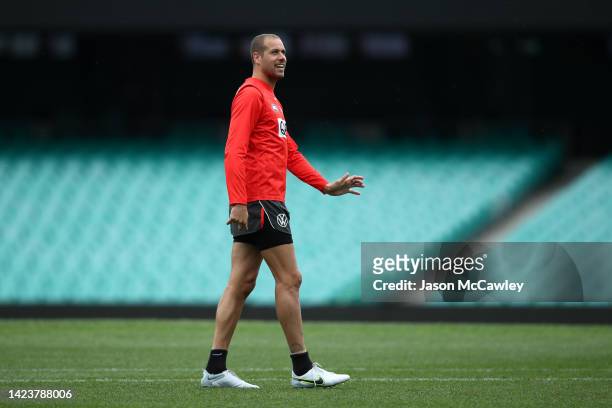 Lance Franklin of the Swans looks on during a Sydney Swans AFL training session at Sydney Cricket Ground on September 15, 2022 in Sydney, Australia.