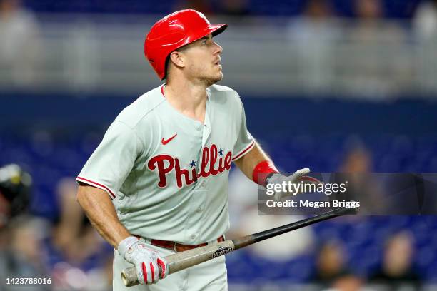 Realmuto of the Philadelphia Phillies watches his home run during the sixth inning against the Miami Marlins at loanDepot park on September 14, 2022...