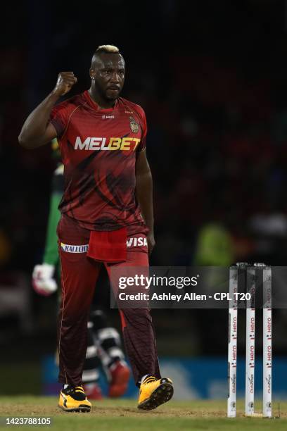 Andre Russell of Trinbago Knight Riders celebrates after getting the wicket of Shimron Hetmyer of Guyana Amazon Warriors during the Men's 2022 Hero...