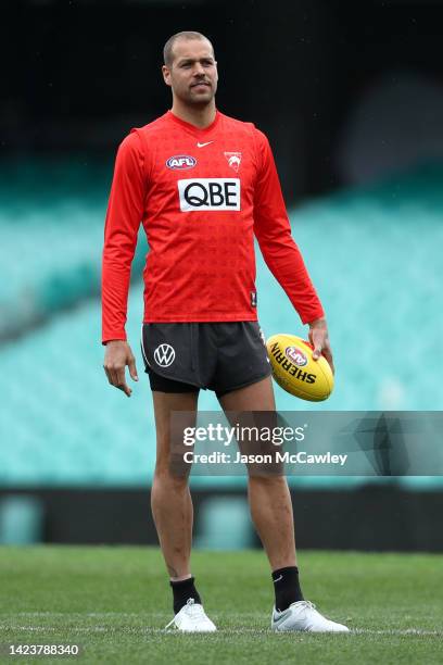 Lance Franklin of the Swans looks on during a Sydney Swans AFL training session at Sydney Cricket Ground on September 15, 2022 in Sydney, Australia.