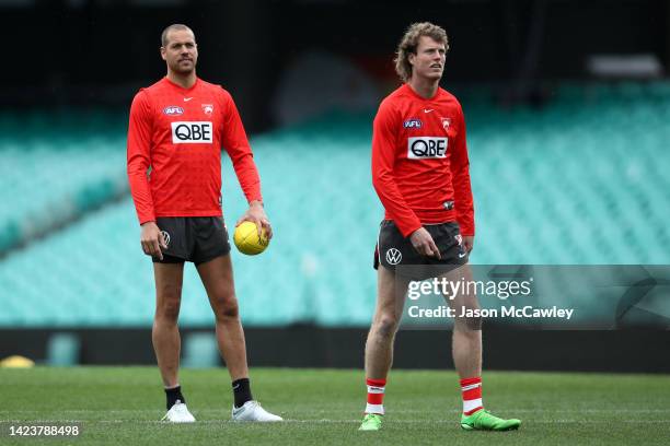 Lance Franklin of the Swans and Nick Blakey of the Swans looks on during a Sydney Swans AFL training session at Sydney Cricket Ground on September...