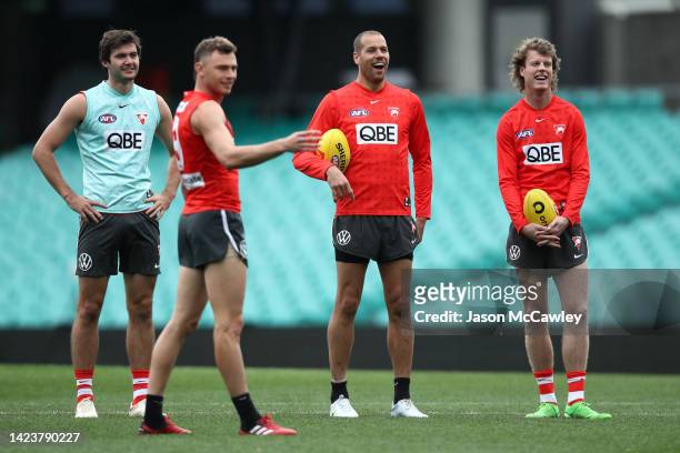 Lance Franklin of the Swans and Nick Blakey of the Swans during a Sydney Swans AFL training session at Sydney Cricket Ground on September 15, 2022 in...