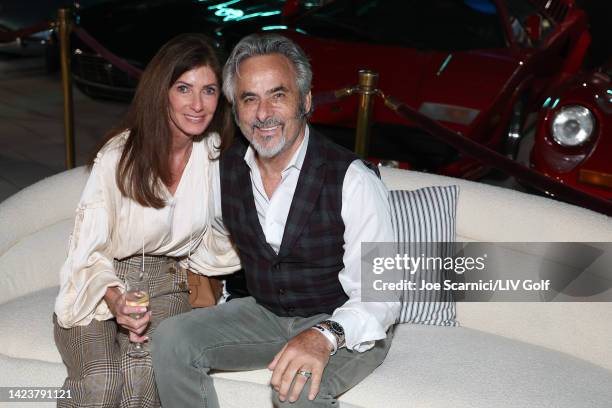 David Feherty , broadcast personality, and wife Anita Feherty smile during the welcome party for the LIV Golf Invitational - Chicago at Rich Harvest...